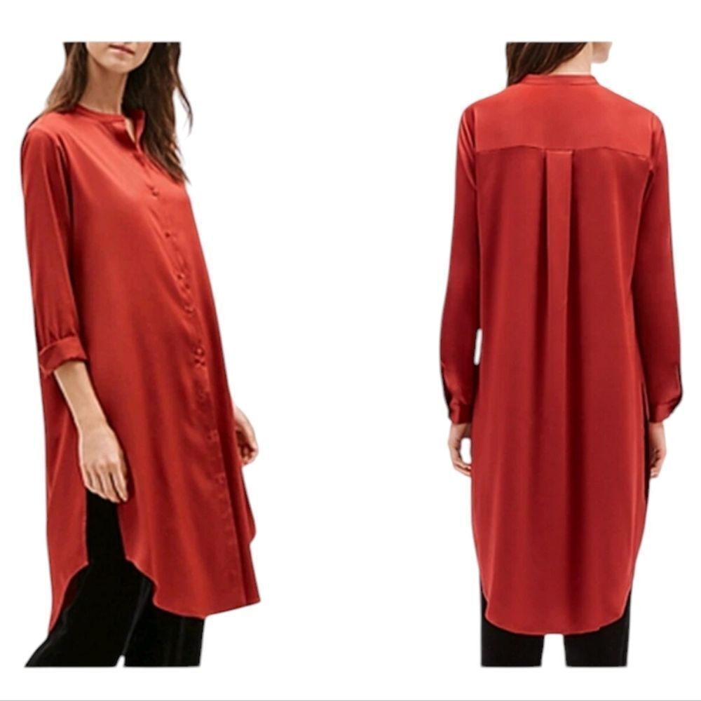 Eileen Fisher Mandarin Satin Button-Down Tunic Red Long Sleeve PS